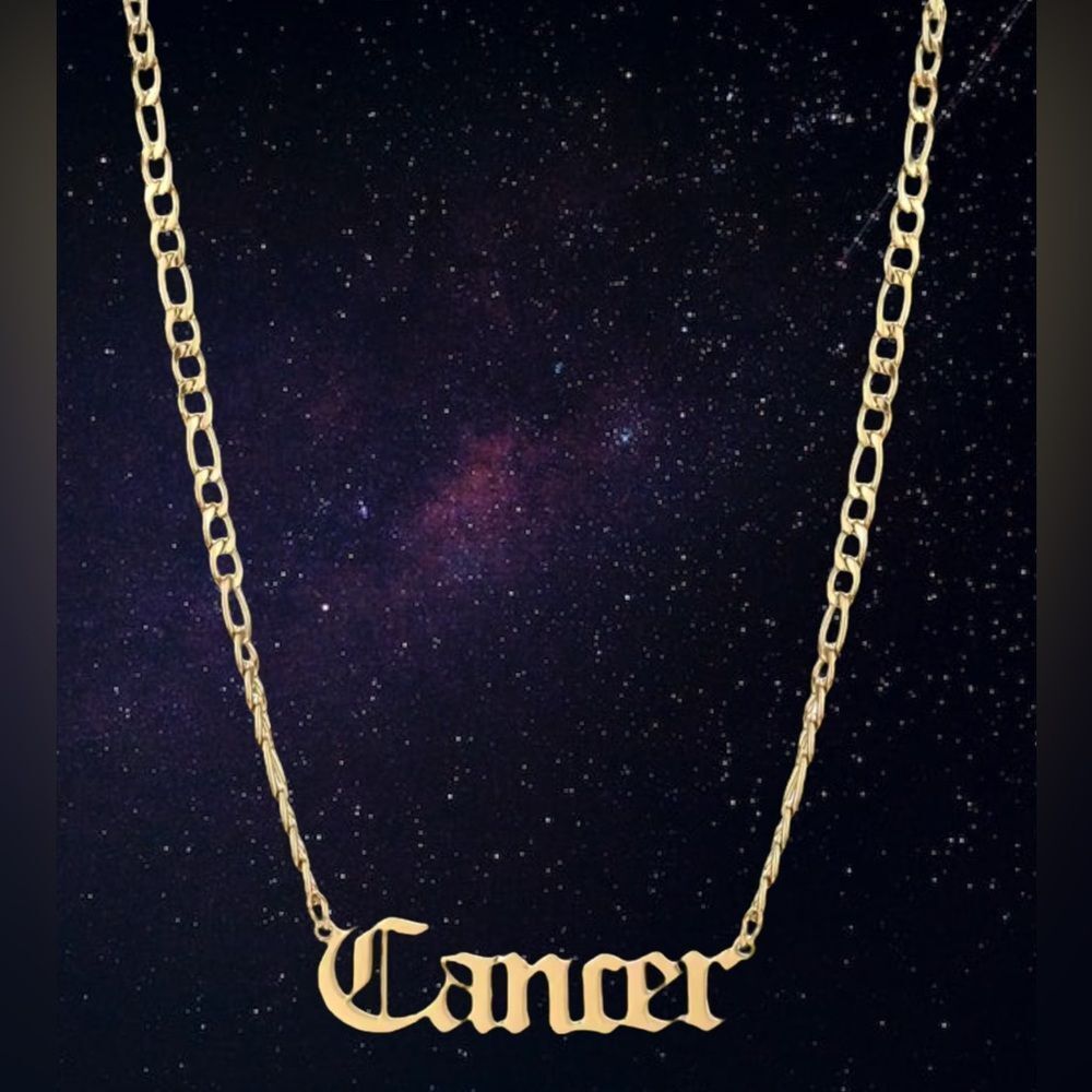 🦀14k Gold 18” Figaro Zodiac Cancer Name Plate Necklace.(All 12signs available)